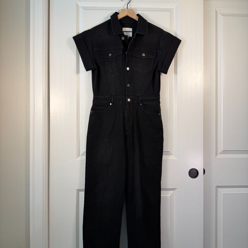 Habitual Black Denim Utility Jumpsuit Womens Size 6 Short Sleeve Straight Leg